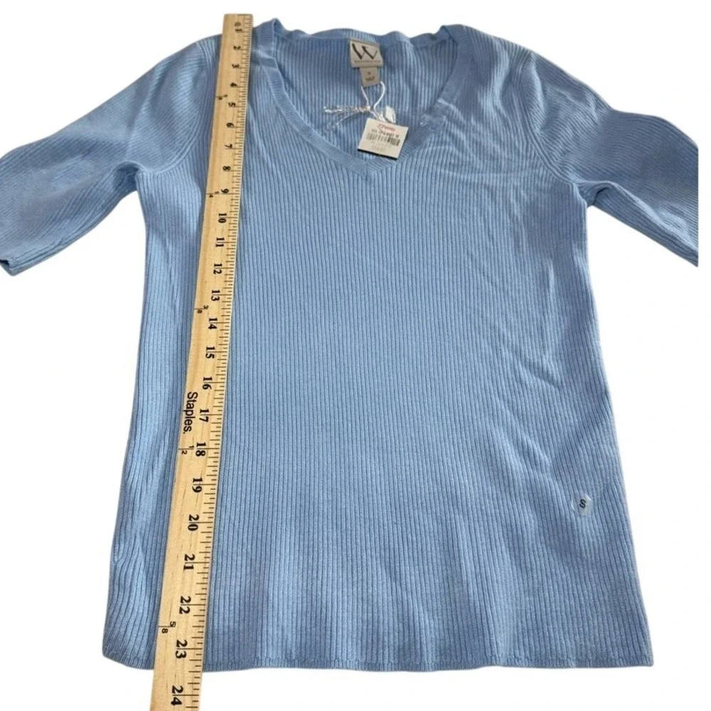Worthington Light Blue Ribbed V-Neck Short Sleeve‎ Sweater Top Small NWT